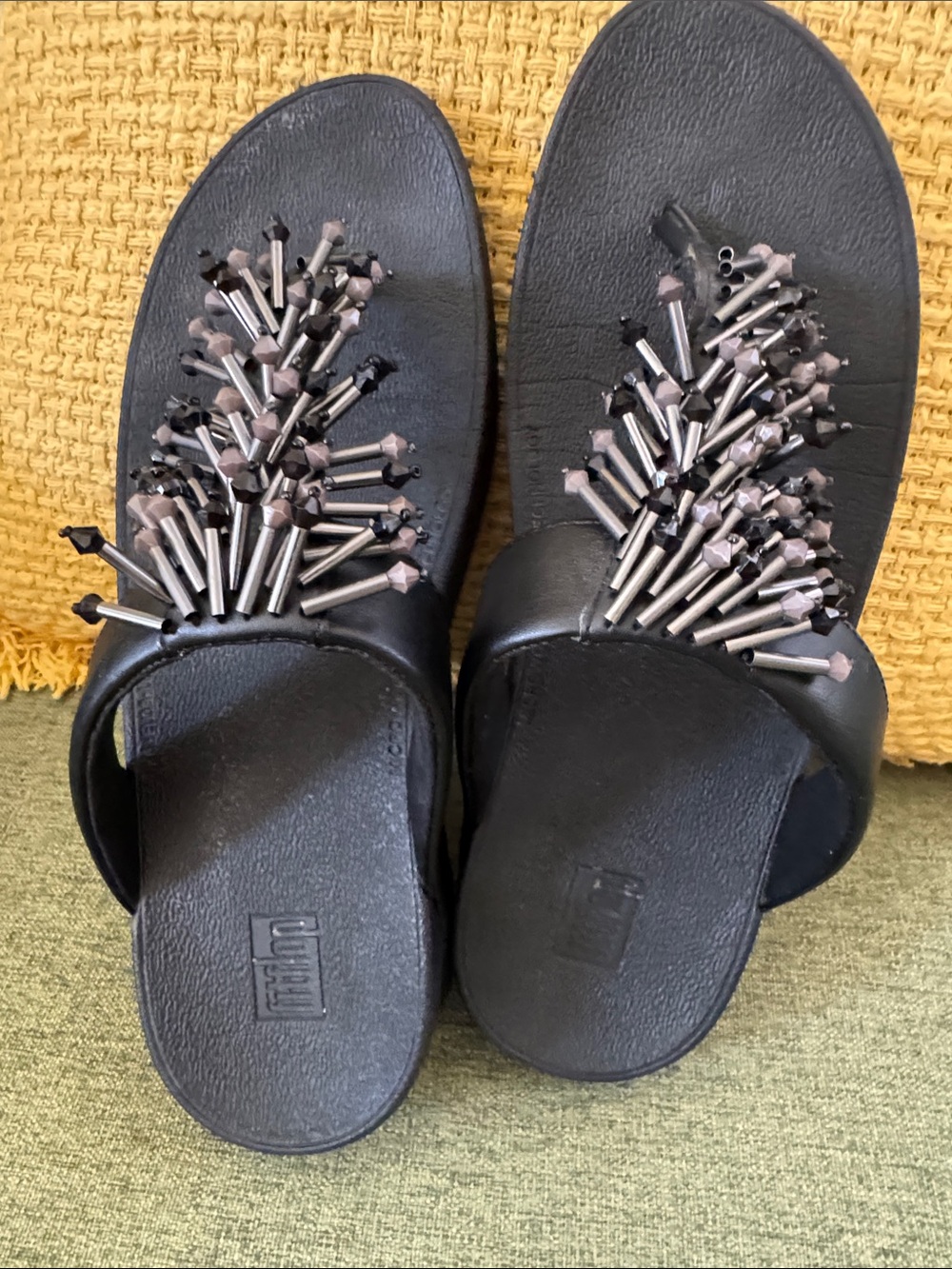 FitFlop Black Slide Sandals with Gunmetal Bead Embellishments Size 8